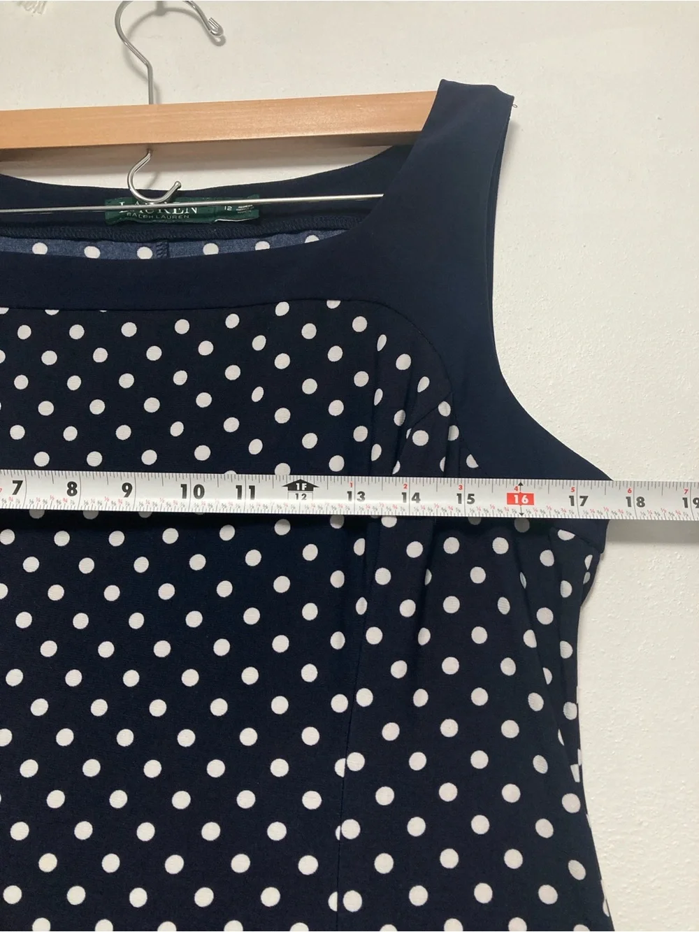 Lauren Ralph Lauren Navy Blue &White Polka Dot Sleeveles Midi Dress Size 12
